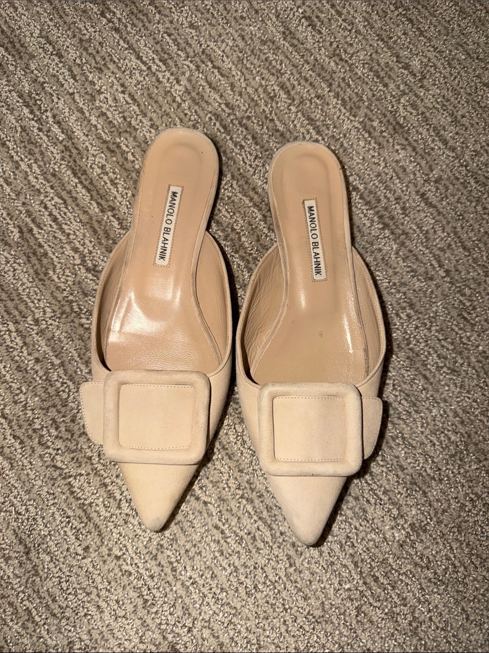 Manolo Blahnik Cream Pointed Buckle Mules